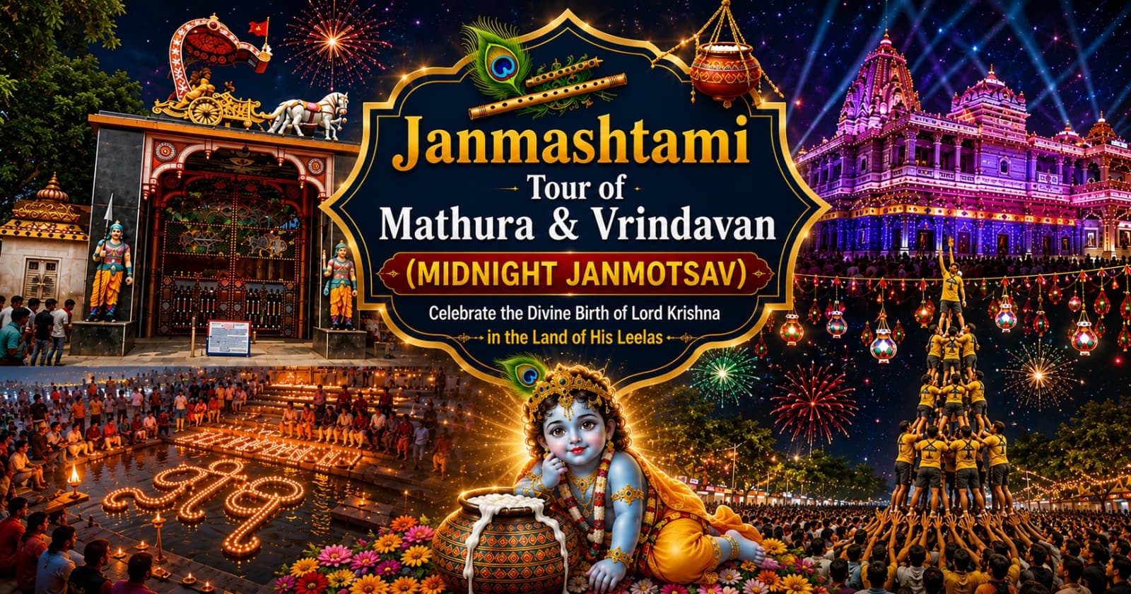 Janmashtami midnight Janmotsav in Mathura and Vrindavan — Shri Krishna Janmabhoomi gate, Prem Mandir lit for the festival, Yamuna aarti at Vishram Ghat and a dahi handi pyramid.